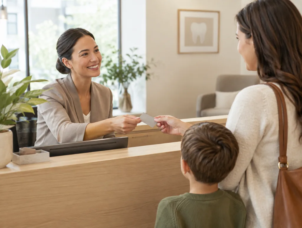 Family showing their CDCP member card at the front desk of Maple Dental Centre