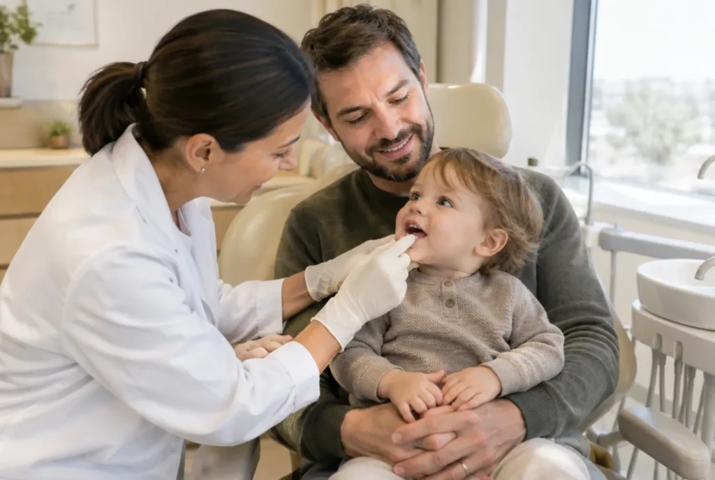 Toddler on his dad’s lap during a first dental visit at Maple Dental Centre