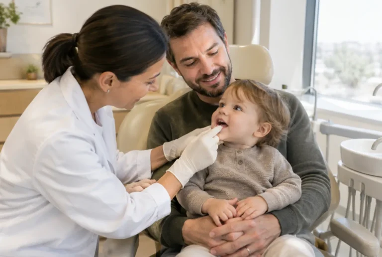 Toddler on his dad’s lap during a first dental visit at Maple Dental Centre
