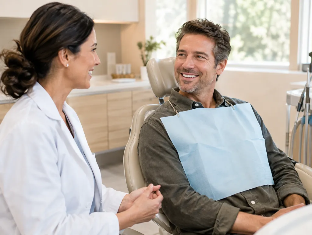 Dentist chatting with a patient before his check-up at Maple Dental Centre