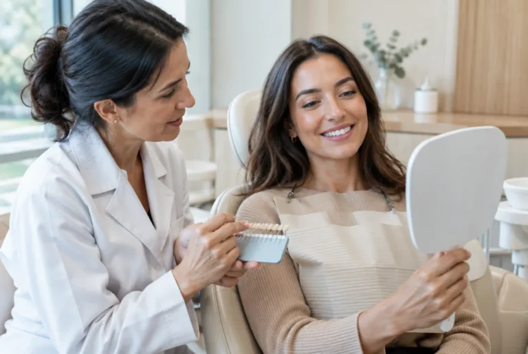 Dentist holding a shade guide while a patient looks at her smile in a mirror