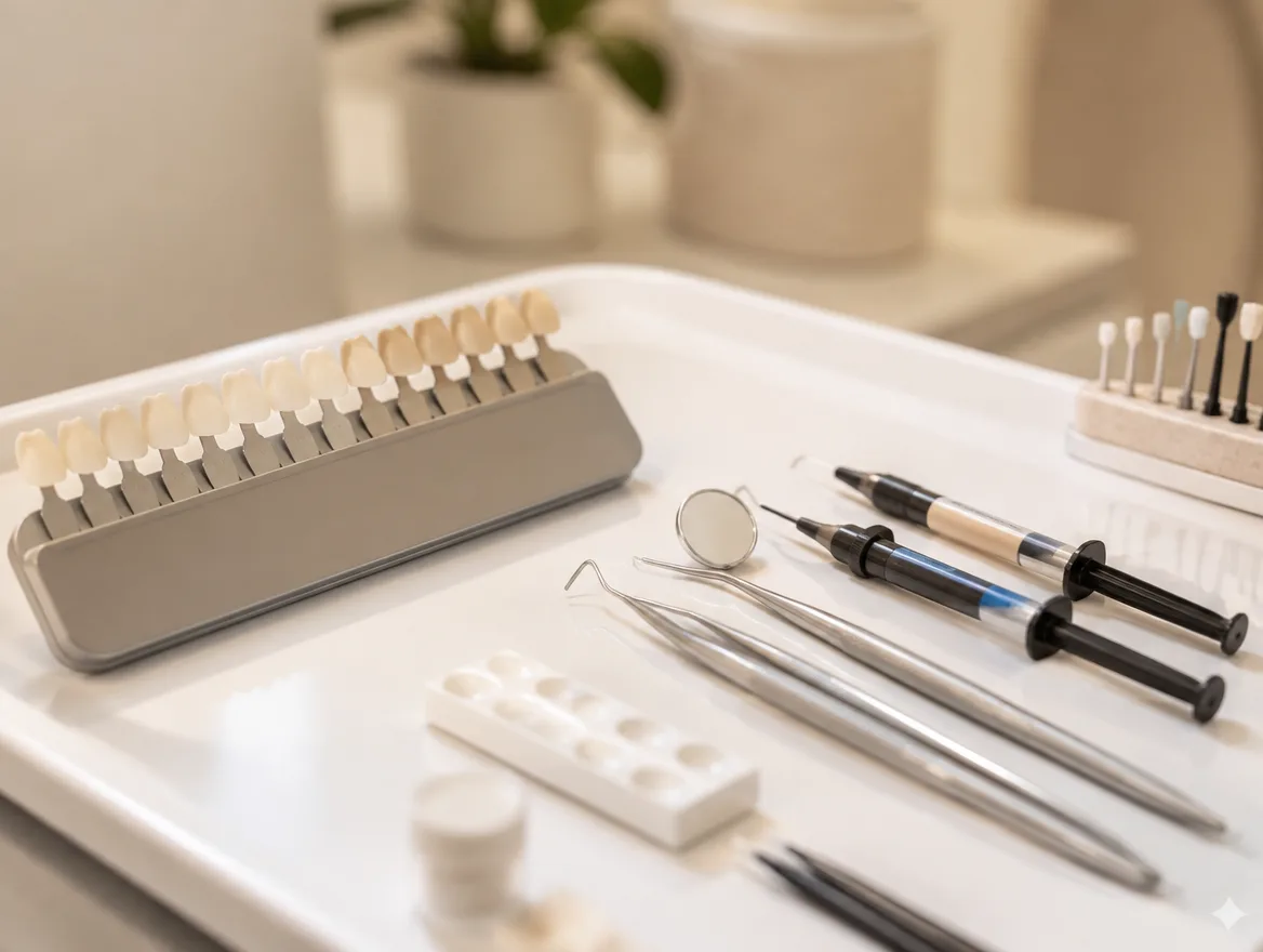 Dental bonding tools and a tooth shade guide on a tray