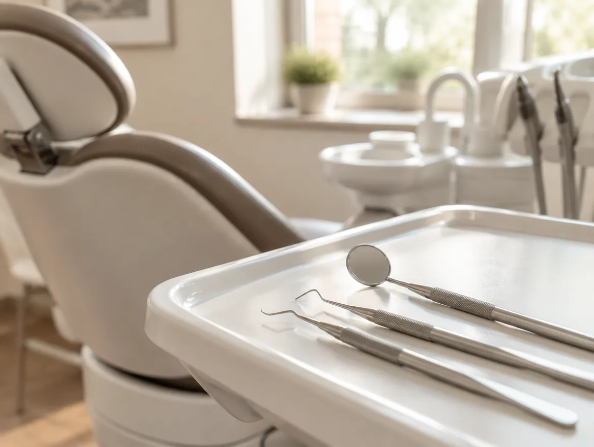 Dental cleaning instruments on a tray beside a dental chair