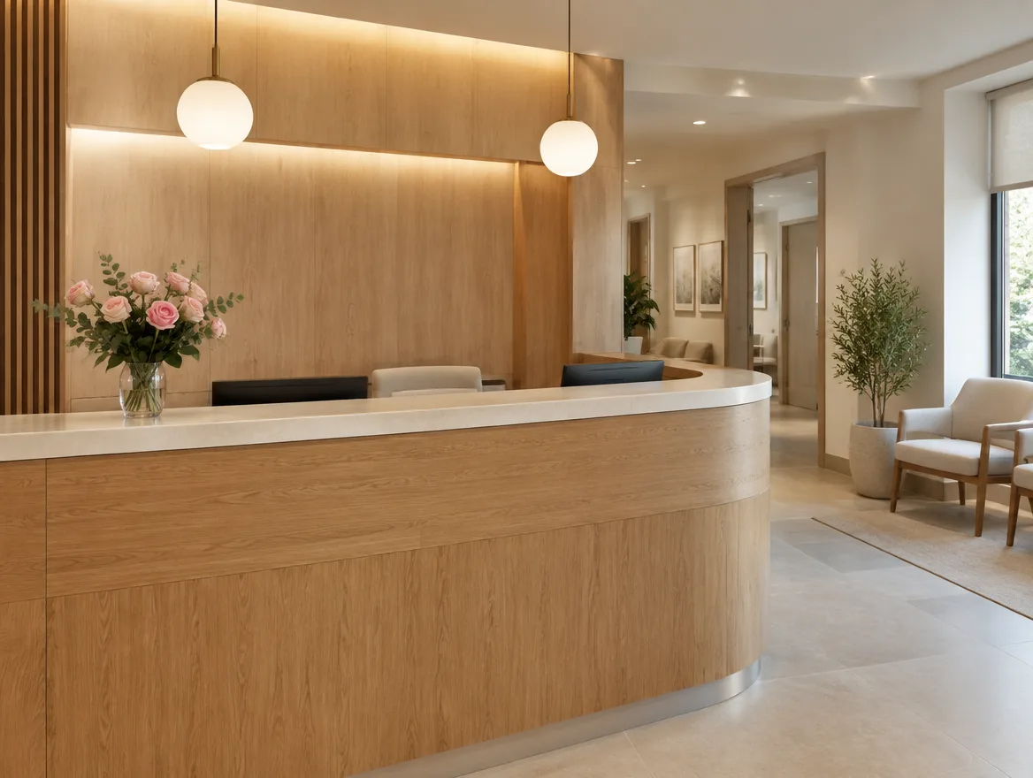 Dental clinic reception desk with fresh flowers