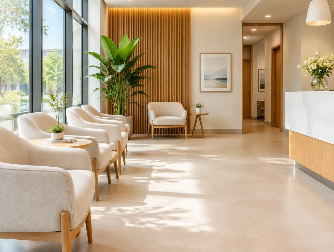 Calm dental clinic waiting area with cream chairs