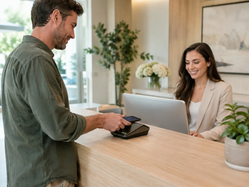 Patient paying by tap while the receptionist sends his dental insurance claim electronically