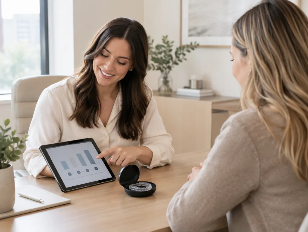 Treatment coordinator explaining a monthly payment plan for Invisalign