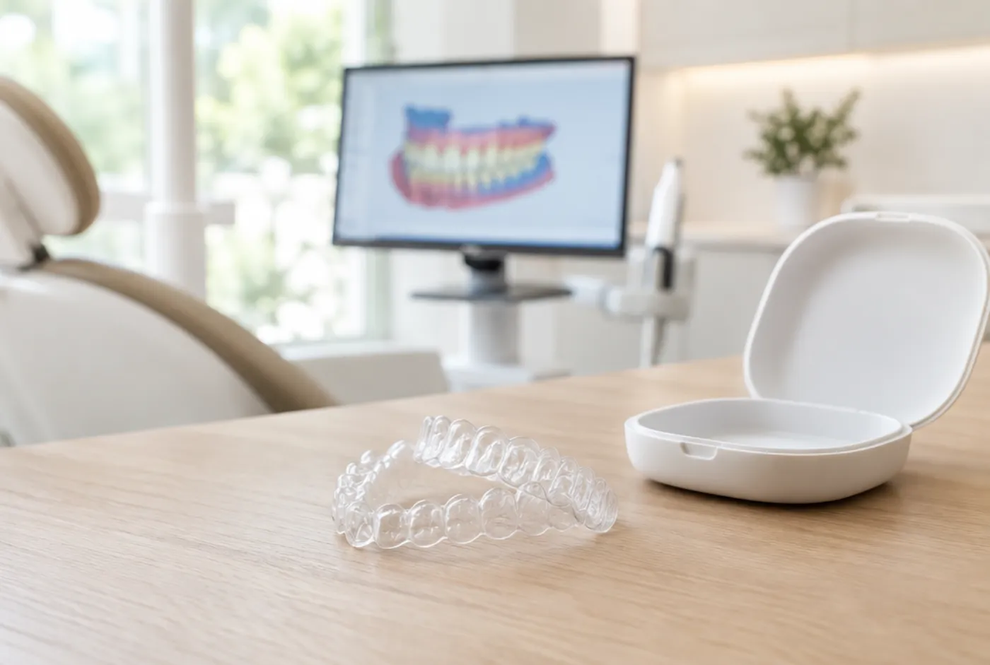 Clear aligners and case with a 3D iTero scan on screen at a Maple dental office