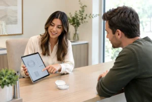 Treatment coordinator reviewing an Invisalign cost estimate and payment options with a patient