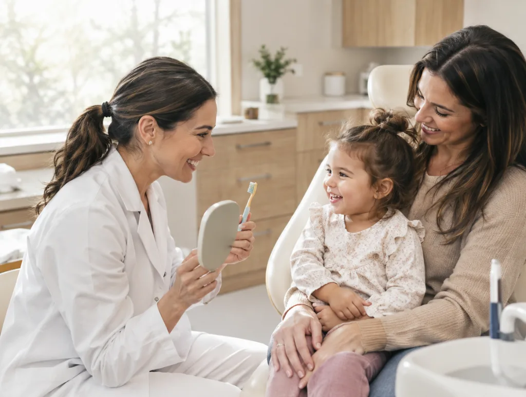 Dentist making a toddler’s first dental visit fun in Maple