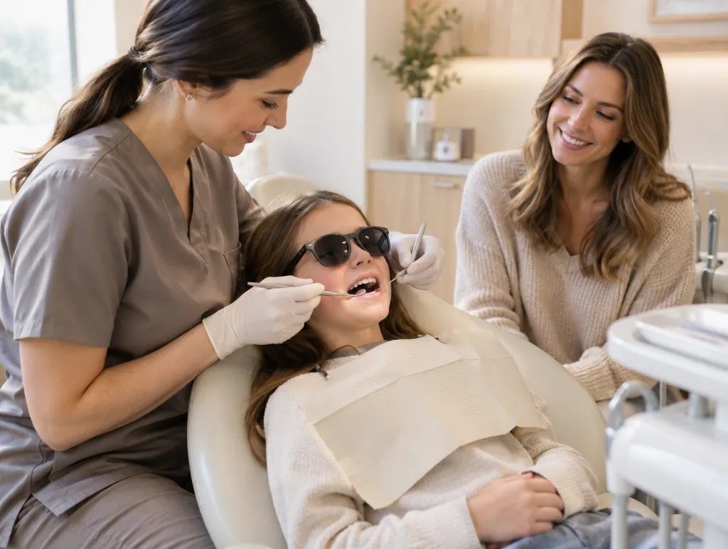 Hygienist cleaning a young girl’s teeth while her mom watches
