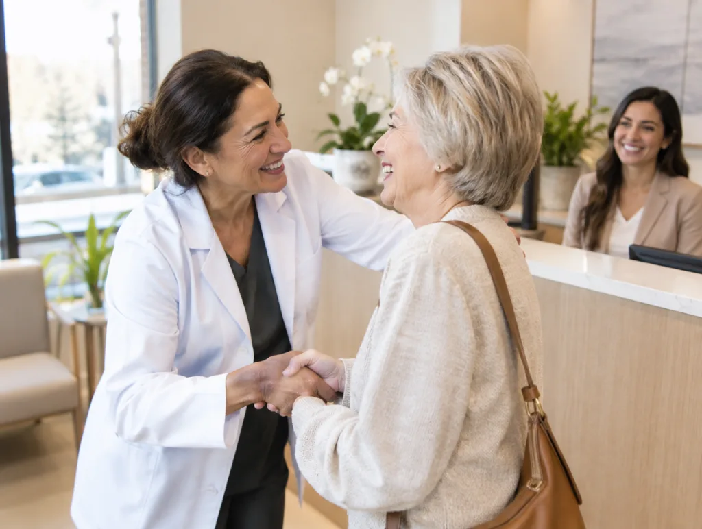 Dentist warmly greeting a long-time patient at the front desk