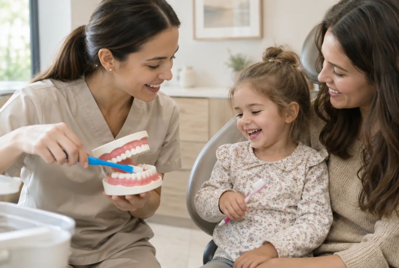 Hygienist showing a young girl and her mom how to brush on a teeth model